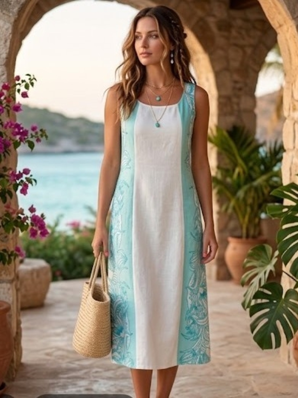 Spighe Di Lino Light Blue and White Linen Sleeveless Beach Midi Dress